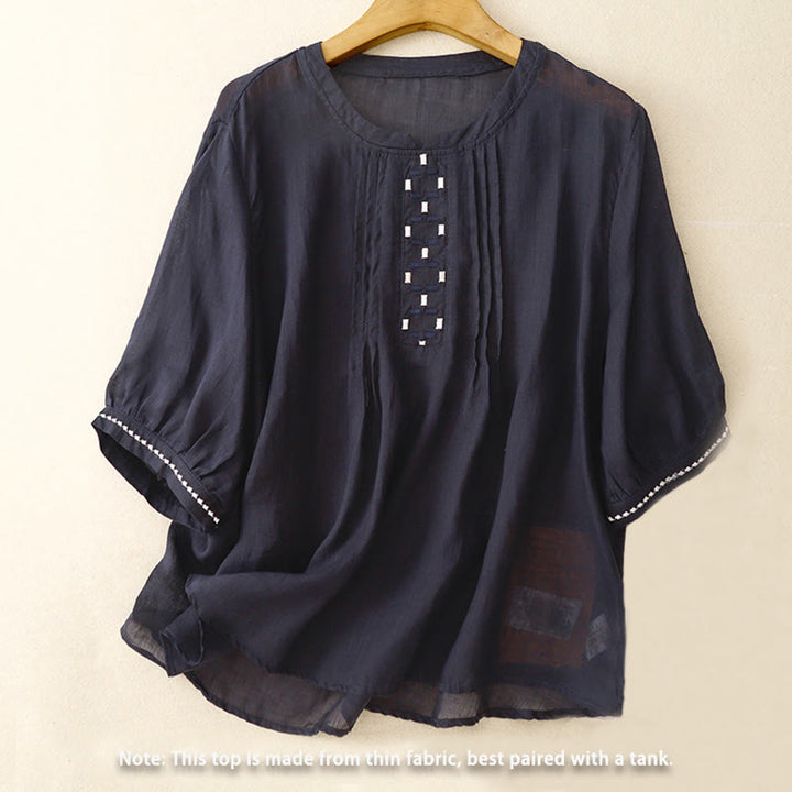 Buddha Stones Embroidery Crew Neck Pleats Women's Cotton Linen Half Sleeve T-shirt - image 12