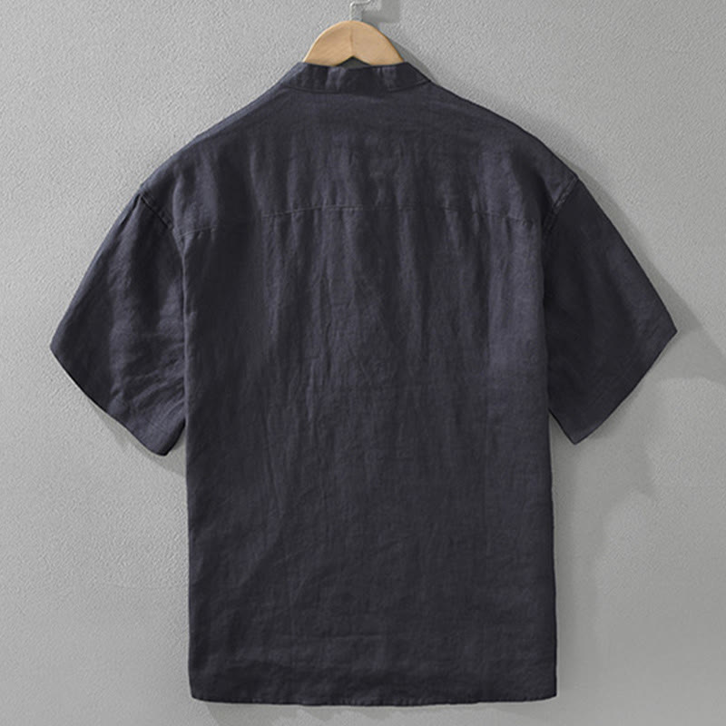 Buddha Stones Summer Half Buttons Design Lapel Men's Short Sleeve Linen Shirt With Pocket - image 3