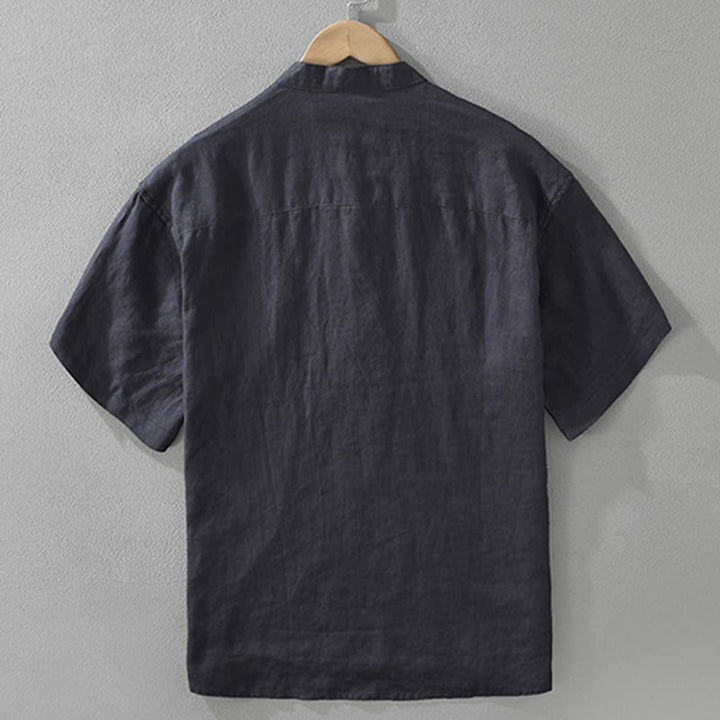 Buddha Stones Summer Half Buttons Design Lapel Men's Short Sleeve Linen Shirt With Pocket - image 3