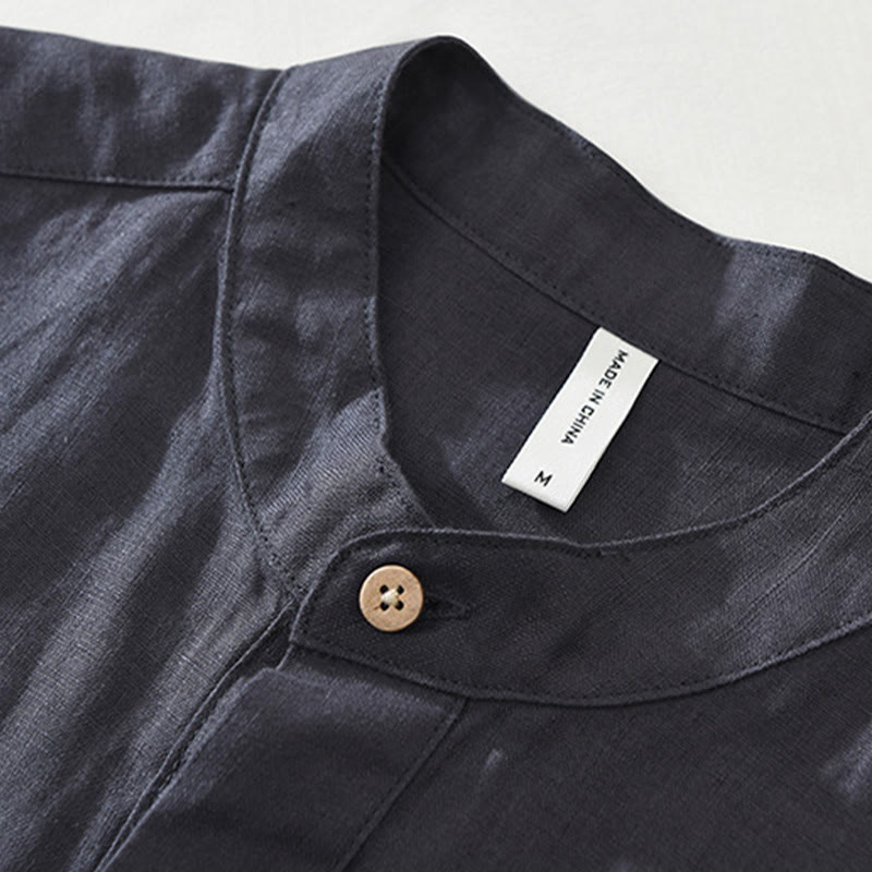 Buddha Stones Summer Half Buttons Design Lapel Men's Short Sleeve Linen Shirt With Pocket - image 4