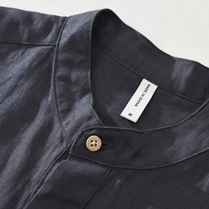 Buddha Stones Summer Half Buttons Design Lapel Men's Short Sleeve Linen Shirt With Pocket - image 4