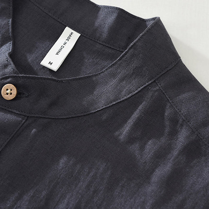 Buddha Stones Summer Half Buttons Design Lapel Men's Short Sleeve Linen Shirt With Pocket - image 5