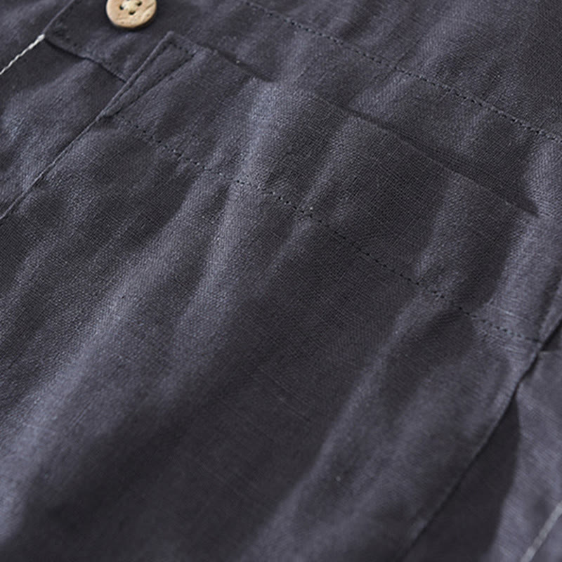 Buddha Stones Summer Half Buttons Design Lapel Men's Short Sleeve Linen Shirt With Pocket - image 8