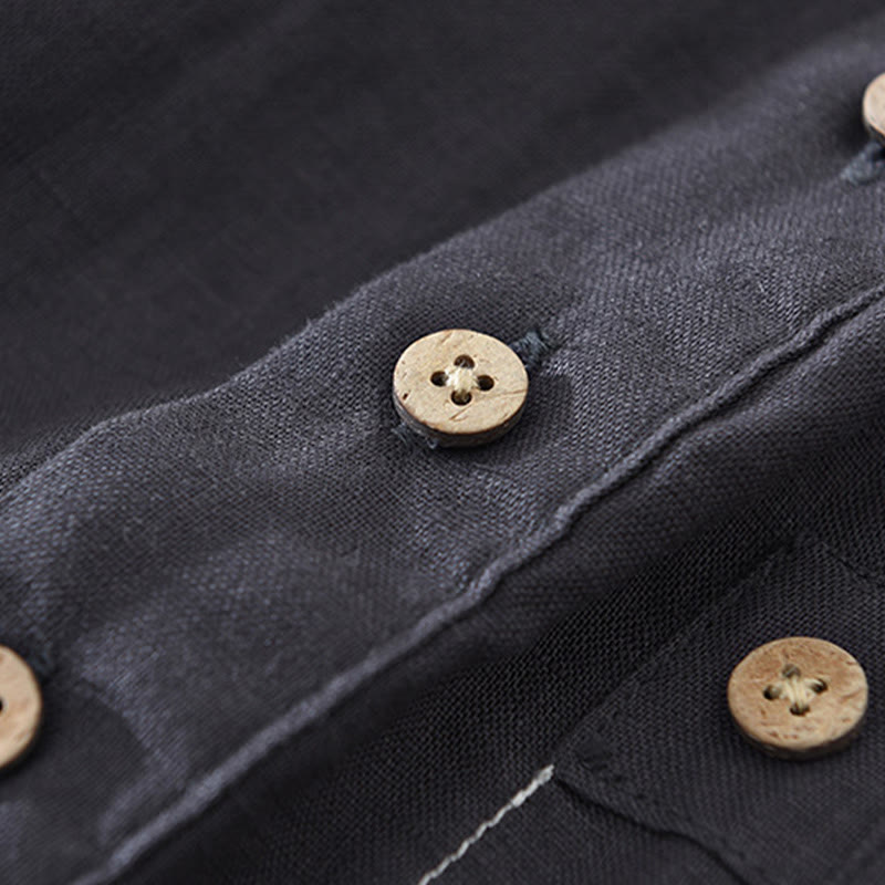 Buddha Stones Summer Half Buttons Design Lapel Men's Short Sleeve Linen Shirt With Pocket - image 7