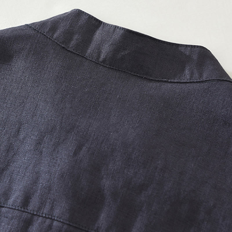 Buddha Stones Summer Half Buttons Design Lapel Men's Short Sleeve Linen Shirt With Pocket - image 6