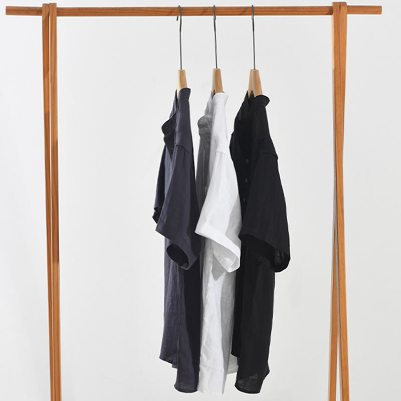 Buddha Stones Summer Half Buttons Design Lapel Men's Short Sleeve Linen Shirt With Pocket - image 15