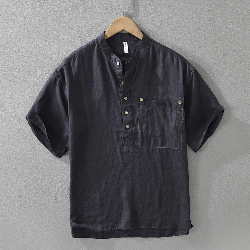 Buddha Stones Summer Half Buttons Design Lapel Men's Short Sleeve Linen Shirt With Pocket - MidnightBlue - US/UK/AU42,EU52 (3XL) - image 2