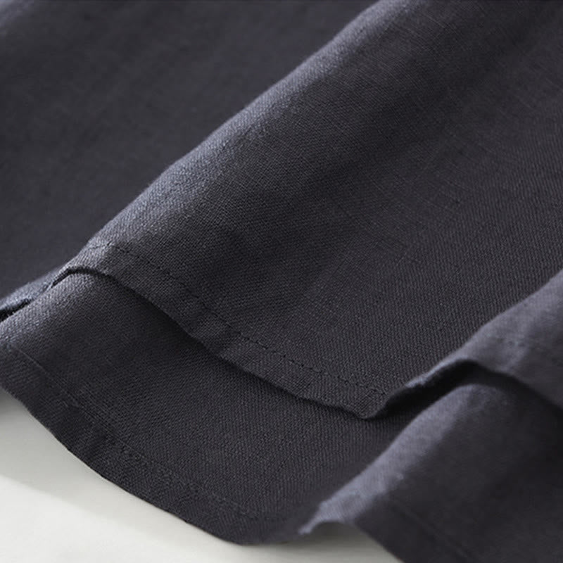 Buddha Stones Summer Half Buttons Design Lapel Men's Short Sleeve Linen Shirt With Pocket - image 11