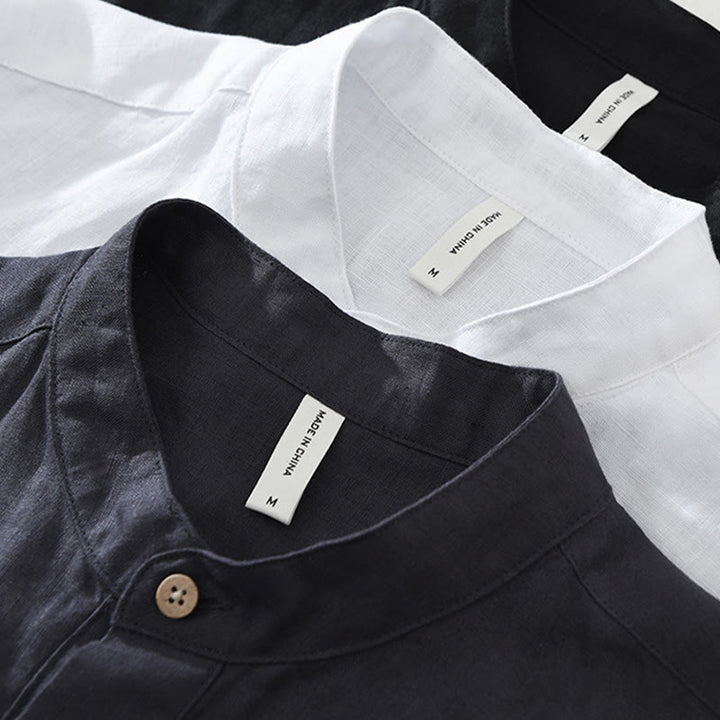 Buddha Stones Summer Half Buttons Design Lapel Men's Short Sleeve Linen Shirt With Pocket - image 14