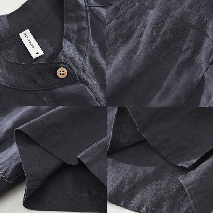 Buddha Stones Summer Half Buttons Design Lapel Men's Short Sleeve Linen Shirt With Pocket - image 13