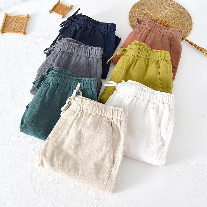Buddha Stones Summer Solid Color Drawstring Elastic Waist Men's Cotton Linen Shorts With Pockets - image 38