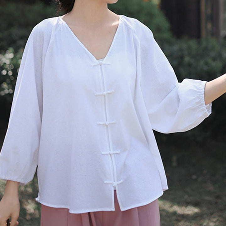 Buddha Stones Summer Pure Color Chinese Frog-Button V-Neck Cotton Linen Women's Long Sleeve Shirt - White - US12,UK/AU16,EU44 (2XL) - image 9