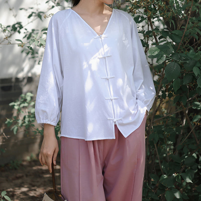 Buddha Stones Summer Pure Color Chinese Frog-Button V-Neck Cotton Linen Women's Long Sleeve Shirt - image 14