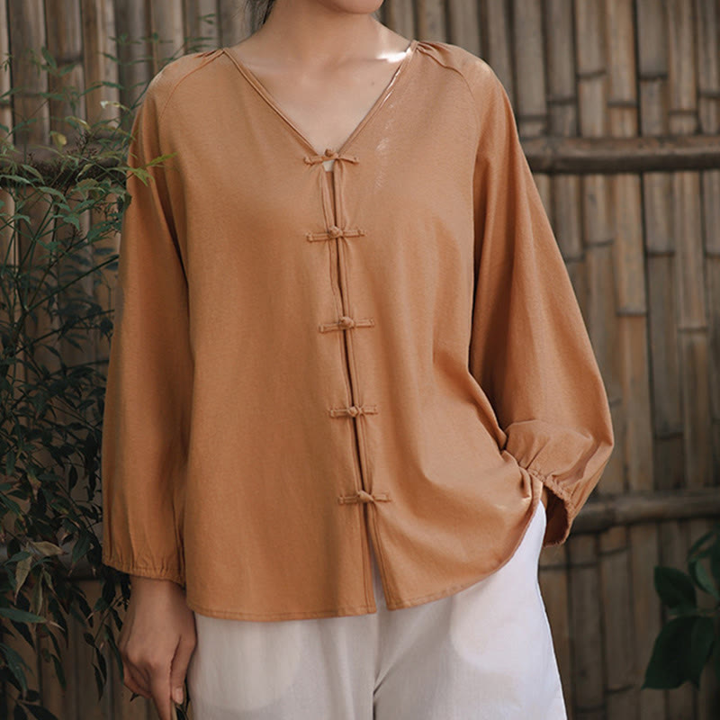 Buddha Stones Summer Pure Color Chinese Frog-Button V-Neck Cotton Linen Women's Long Sleeve Shirt - image 3