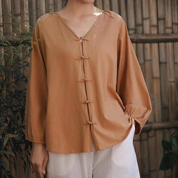 Buddha Stones Summer Pure Color Chinese Frog-Button V-Neck Cotton Linen Women's Long Sleeve Shirt - image 3
