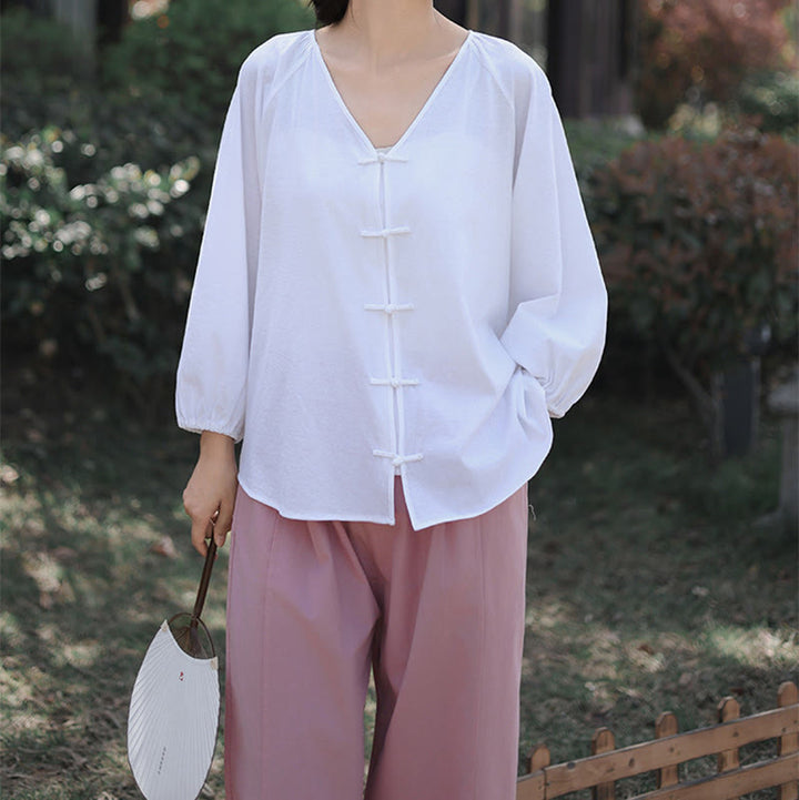 Buddha Stones Summer Pure Color Chinese Frog-Button V-Neck Cotton Linen Women's Long Sleeve Shirt - image 17