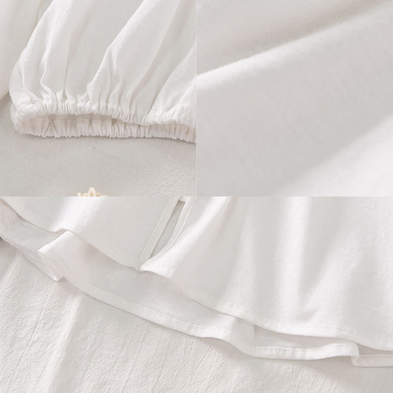 Buddha Stones Summer Pure Color Chinese Frog-Button V-Neck Cotton Linen Women's Long Sleeve Shirt - image 21