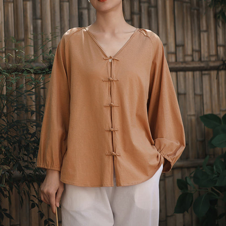 Buddha Stones Summer Pure Color Chinese Frog-Button V-Neck Cotton Linen Women's Long Sleeve Shirt - image 4