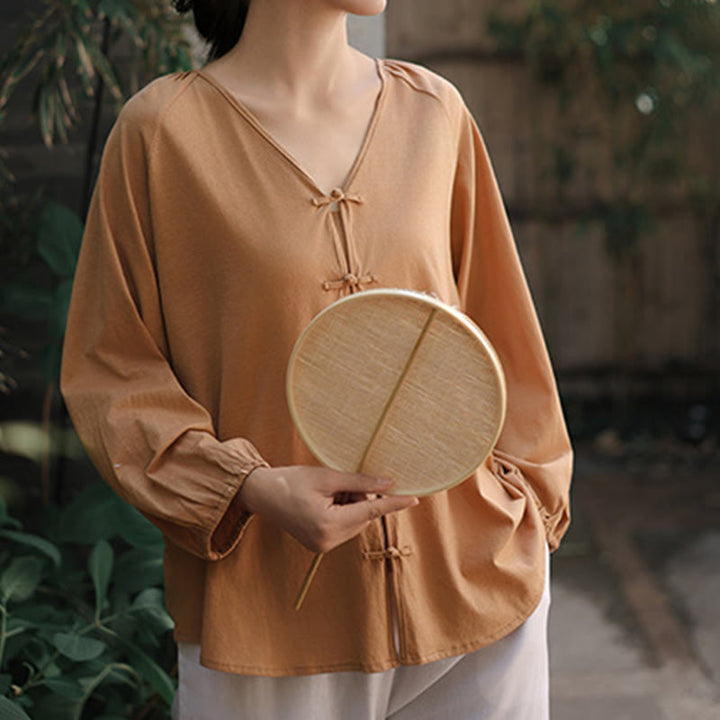 Buddha Stones Summer Pure Color Chinese Frog-Button V-Neck Cotton Linen Women's Long Sleeve Shirt - image 2