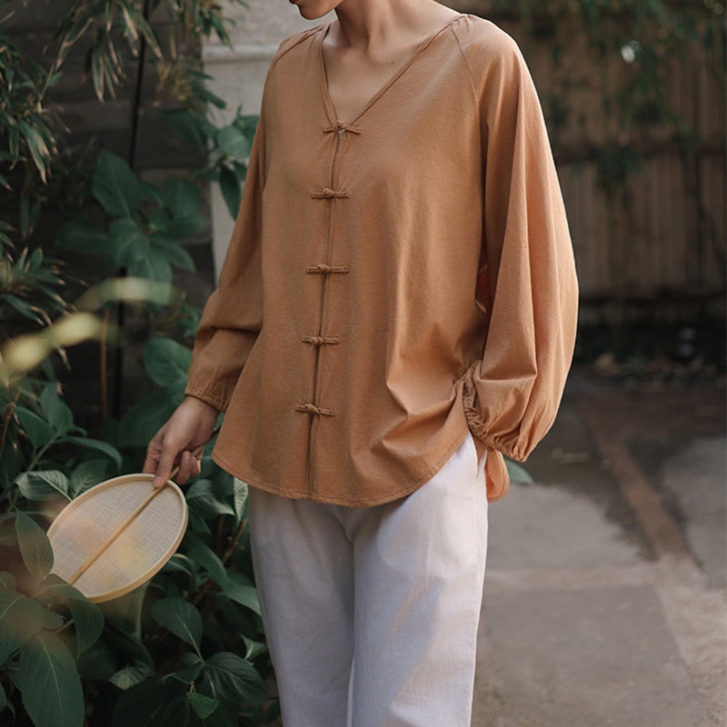 Buddha Stones Summer Pure Color Chinese Frog-Button V-Neck Cotton Linen Women's Long Sleeve Shirt - image 7
