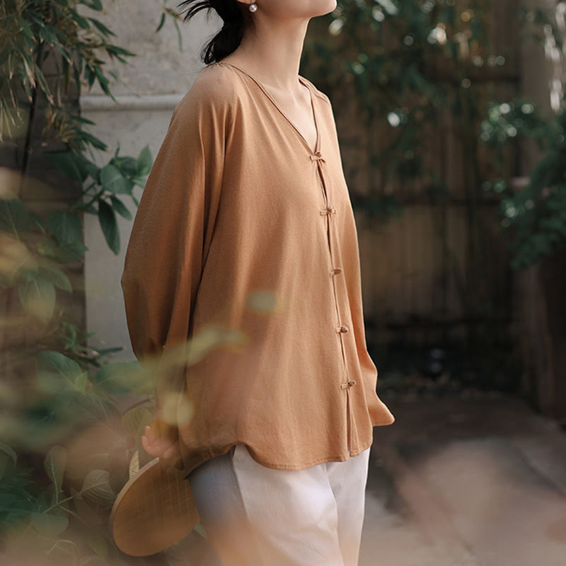 Buddha Stones Summer Pure Color Chinese Frog-Button V-Neck Cotton Linen Women's Long Sleeve Shirt - image 8