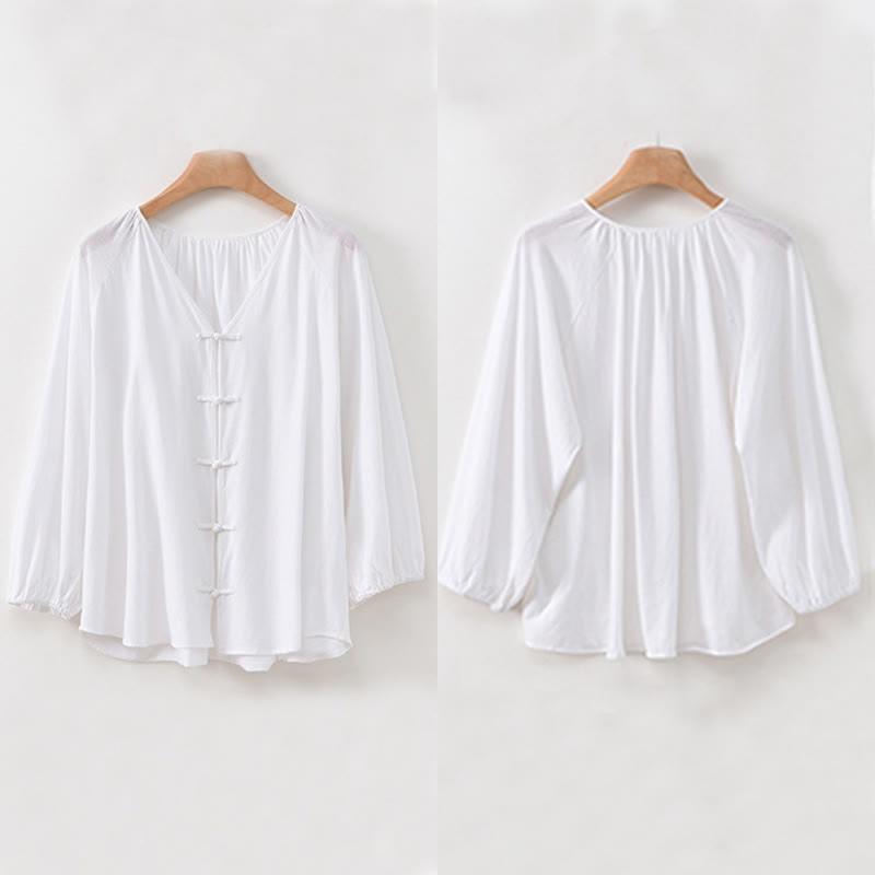 Buddha Stones Summer Pure Color Chinese Frog-Button V-Neck Cotton Linen Women's Long Sleeve Shirt - image 20