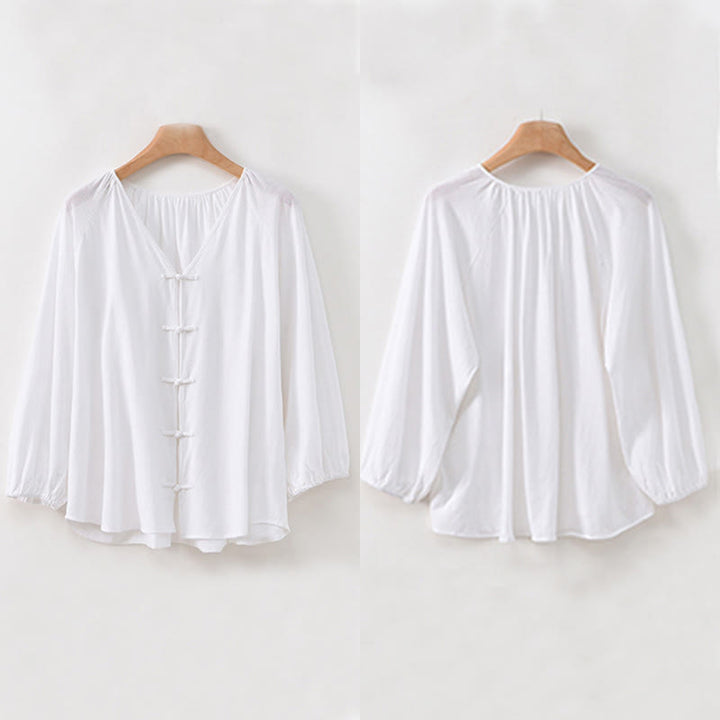 Buddha Stones Summer Pure Color Chinese Frog-Button V-Neck Cotton Linen Women's Long Sleeve Shirt - image 20