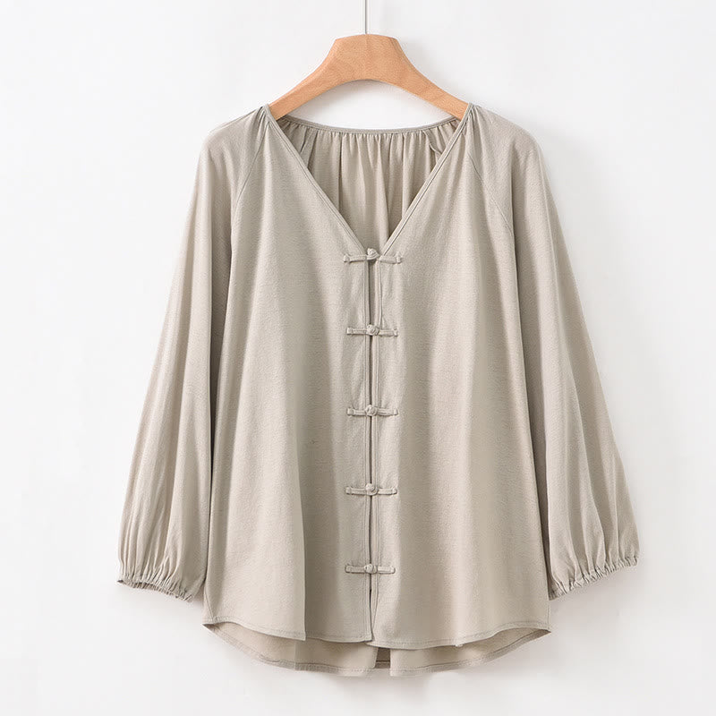 Buddha Stones Summer Pure Color Chinese Frog-Button V-Neck Cotton Linen Women's Long Sleeve Shirt - Tan - US12,UK/AU16,EU44 (2XL) - image 22