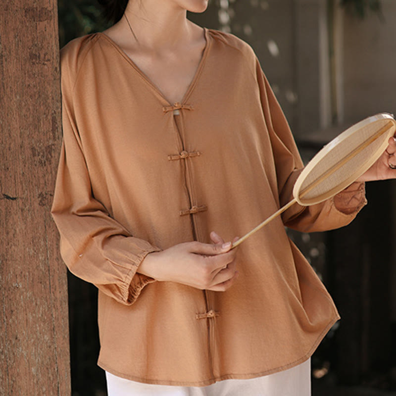 Buddha Stones Summer Pure Color Chinese Frog-Button V-Neck Cotton Linen Women's Long Sleeve Shirt - image 1
