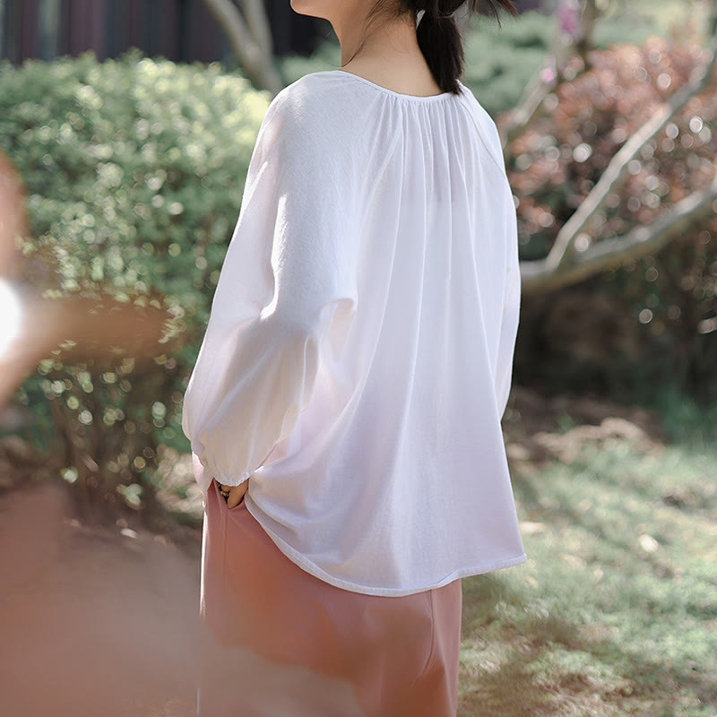 Buddha Stones Summer Pure Color Chinese Frog-Button V-Neck Cotton Linen Women's Long Sleeve Shirt - image 13