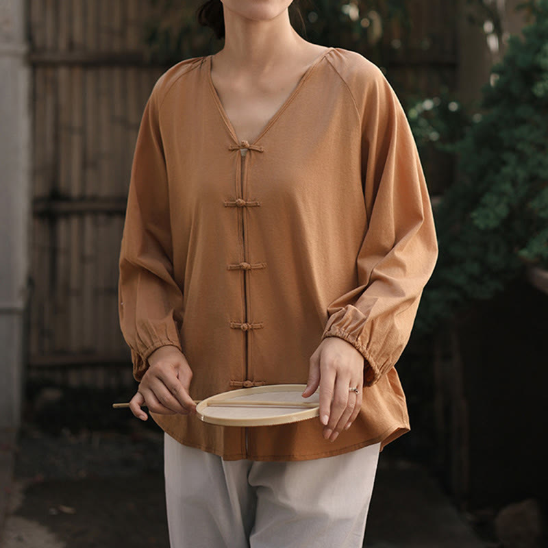 Buddha Stones Summer Pure Color Chinese Frog-Button V-Neck Cotton Linen Women's Long Sleeve Shirt - image 6