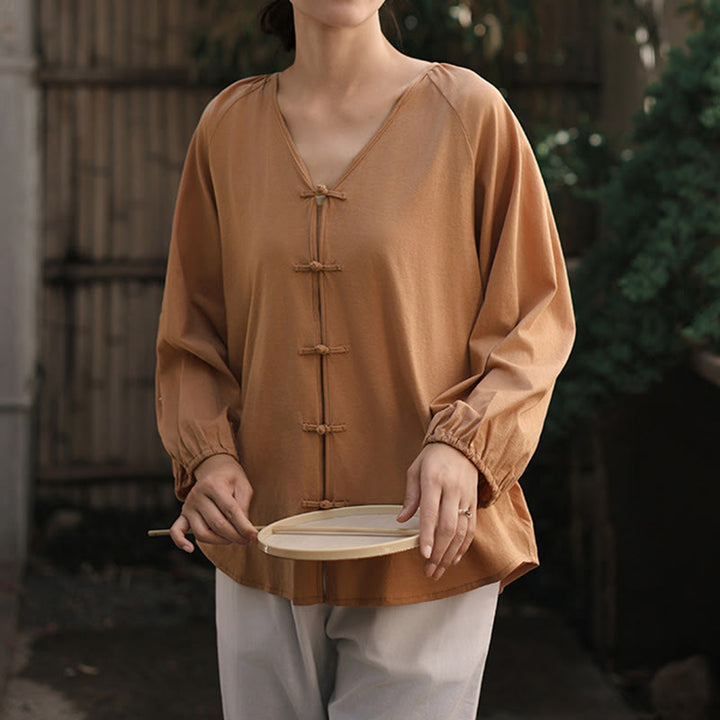 Buddha Stones Summer Pure Color Chinese Frog-Button V-Neck Cotton Linen Women's Long Sleeve Shirt - image 6