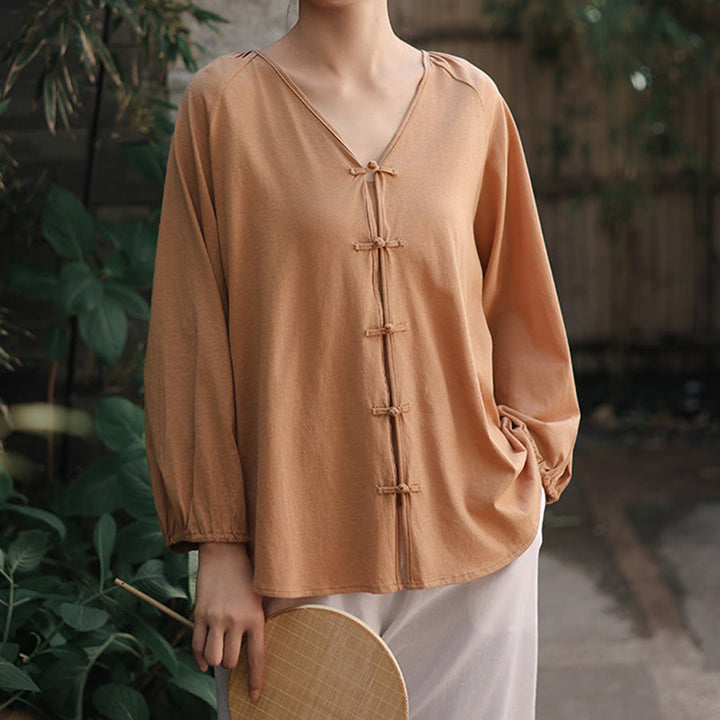 Buddha Stones Summer Pure Color Chinese Frog-Button V-Neck Cotton Linen Women's Long Sleeve Shirt - image 5