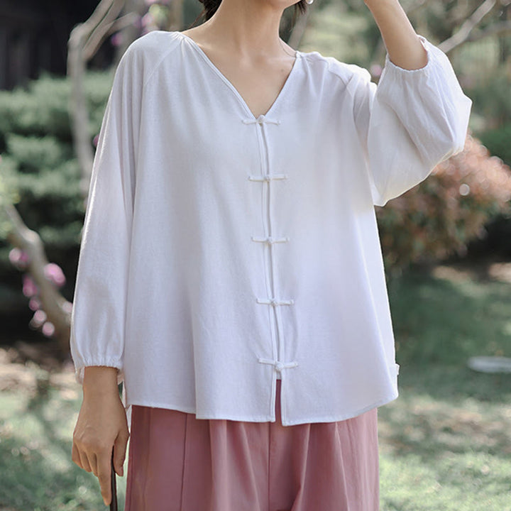 Buddha Stones Summer Pure Color Chinese Frog-Button V-Neck Cotton Linen Women's Long Sleeve Shirt - image 10