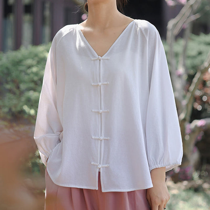 Buddha Stones Summer Pure Color Chinese Frog-Button V-Neck Cotton Linen Women's Long Sleeve Shirt - image 15