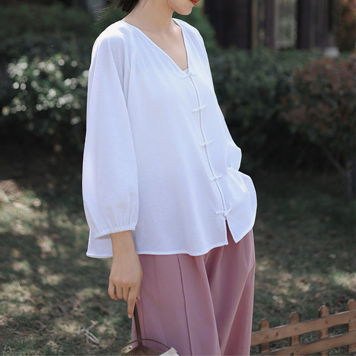 Buddha Stones Summer Pure Color Chinese Frog-Button V-Neck Cotton Linen Women's Long Sleeve Shirt - image 16