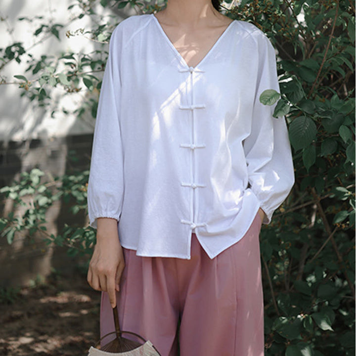 Buddha Stones Summer Pure Color Chinese Frog-Button V-Neck Cotton Linen Women's Long Sleeve Shirt - image 11