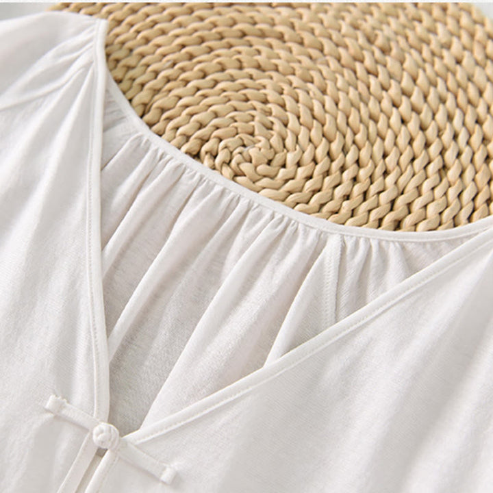 Buddha Stones Summer Pure Color Chinese Frog-Button V-Neck Cotton Linen Women's Long Sleeve Shirt - image 18