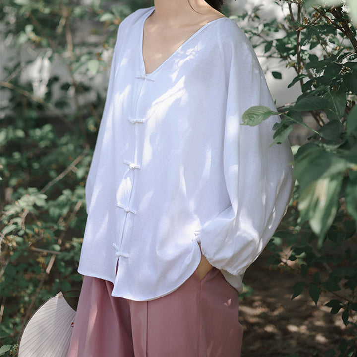 Buddha Stones Summer Pure Color Chinese Frog-Button V-Neck Cotton Linen Women's Long Sleeve Shirt - image 12