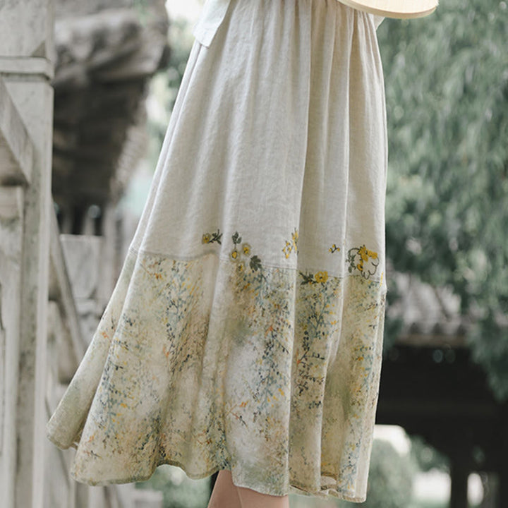 Buddha Stones Vintage Printing Women's Linen 7-8 Length Skirt With Pockets - image 1