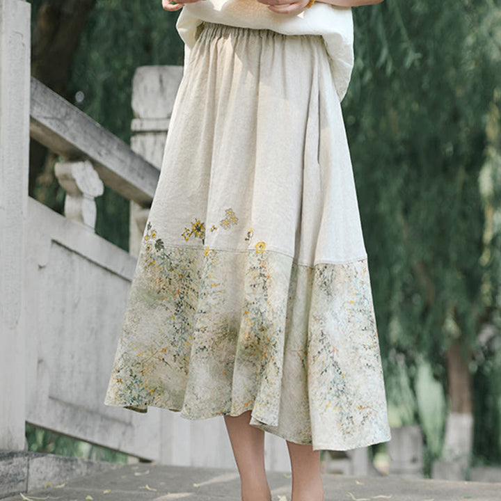 Buddha Stones Vintage Printing Women's Linen 7-8 Length Skirt With Pockets - image 2