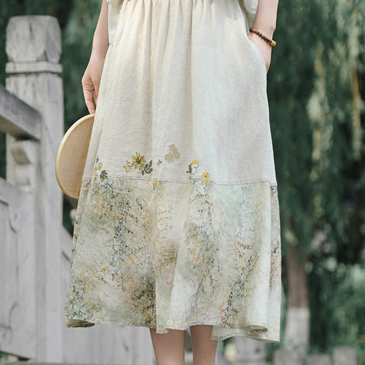 Buddha Stones Vintage Printing Women's Linen 7-8 Length Skirt With Pockets - image 6