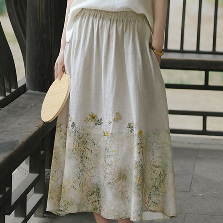 Buddha Stones Vintage Printing Women's Linen 7-8 Length Skirt With Pockets - image 4