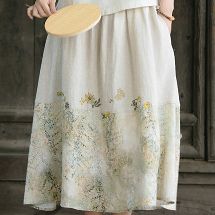 Buddha Stones Vintage Printing Women's Linen 7-8 Length Skirt With Pockets - image 9