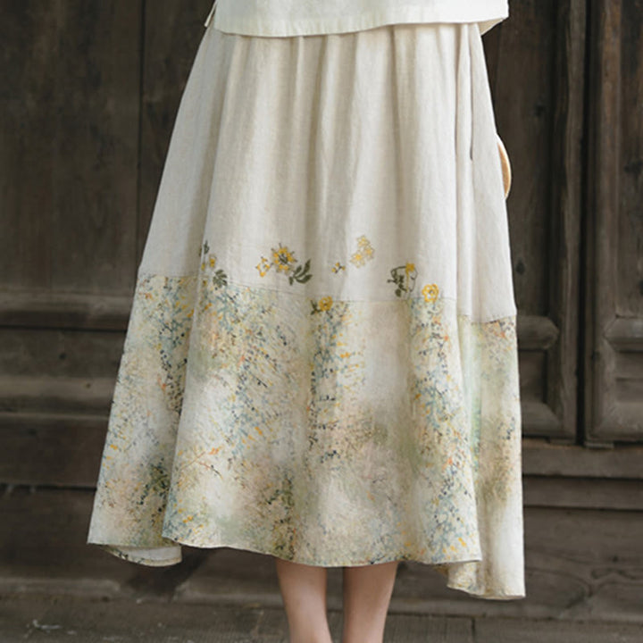 Buddha Stones Vintage Printing Women's Linen 7-8 Length Skirt With Pockets - image 8