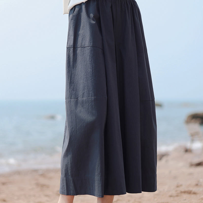 Buddha Stones Casual Plain Cotton High Waist Women's Wide Leg Capri Cropped Pants With Pockets - image 5