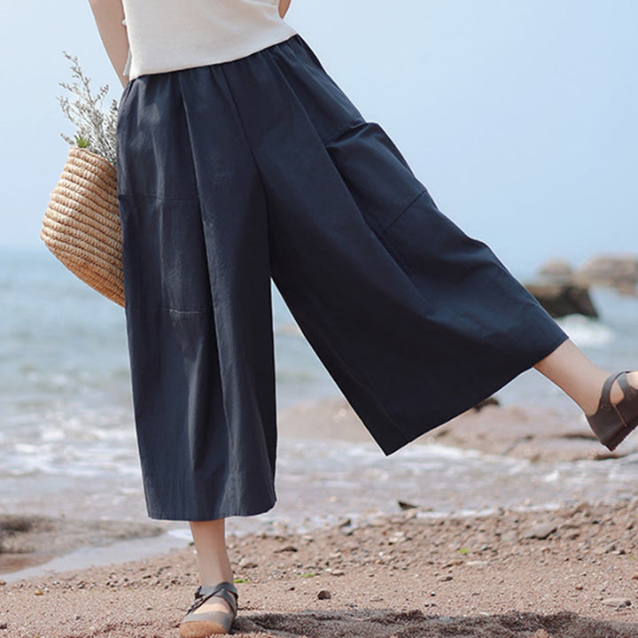 Buddha Stones Casual Plain Cotton High Waist Women's Wide Leg Capri Cropped Pants With Pockets - MidnightBlue - US8-10,UK/AU12-14,EU40-42 (2XL) - image 0