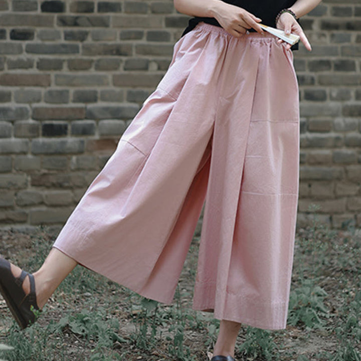 Buddha Stones Casual Plain Cotton High Waist Women's Wide Leg Capri Cropped Pants With Pockets - Pink - US8-10,UK/AU12-14,EU40-42 (2XL) - image 7