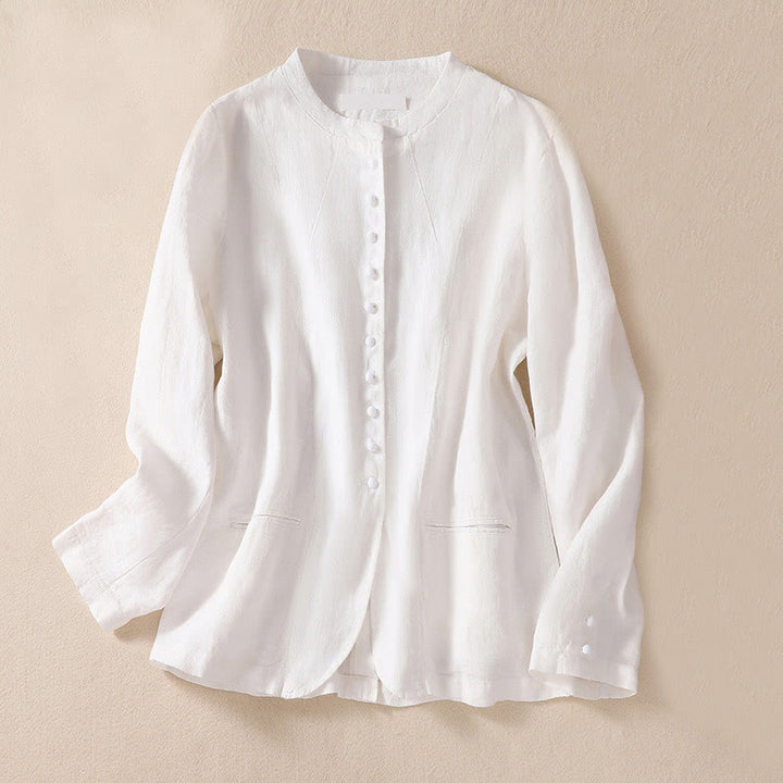 Buddha Stones Women's Cotton Linen Stand Collar Long Sleeve Jacket With Pockets - White - US8-10,UK/AU12-14,EU40-42 (2XL) - image 13