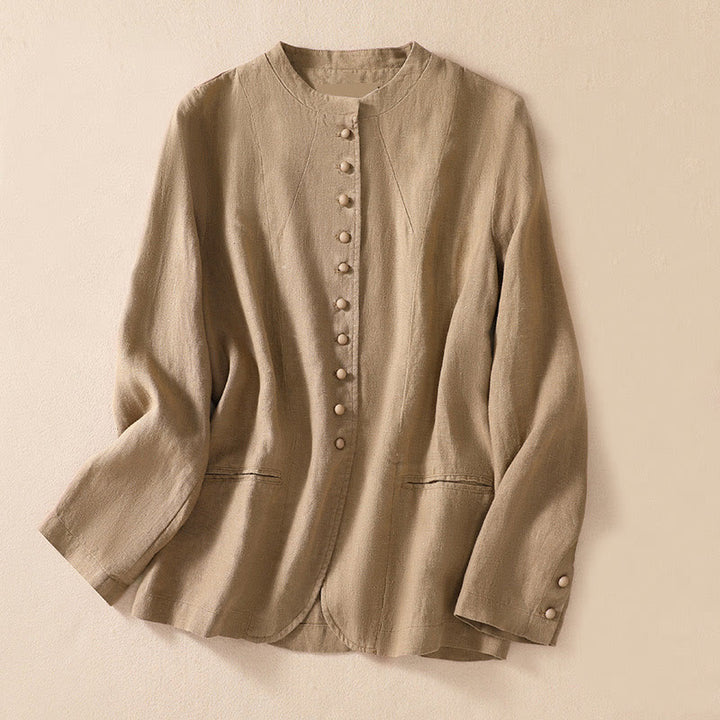 Buddha Stones Women's Cotton Linen Stand Collar Long Sleeve Jacket With Pockets - Tan - US8-10,UK/AU12-14,EU40-42 (2XL) - image 22